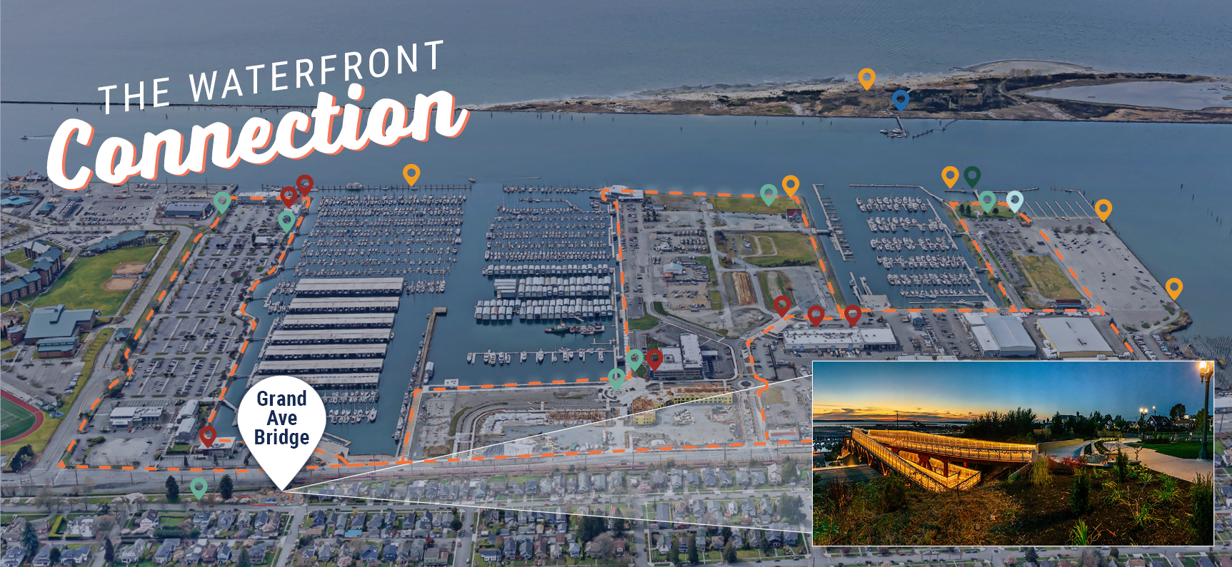 Port of Everett Map showing waterfront attractions: hiking trails, fishing, kayaking, dining, bridge